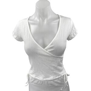 Brandy Melville White Crinked Faux Wrap Short Sleeve Ruched Crop Blouse Top Sz S